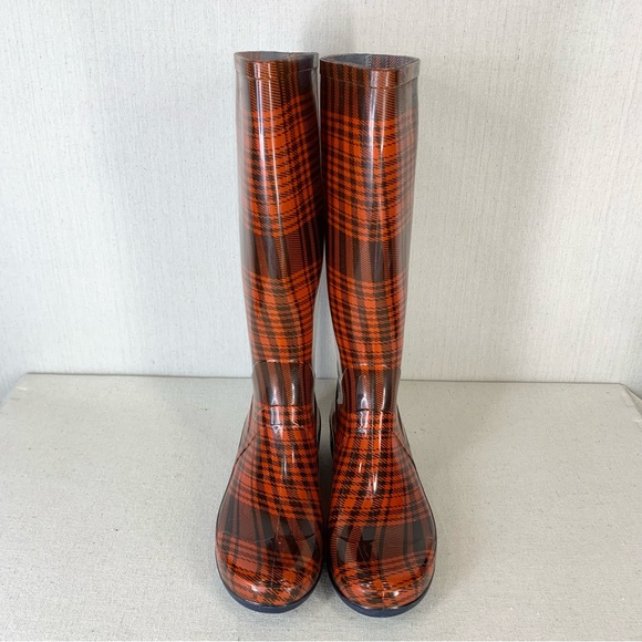 143 Girl~Women’s Red/Navy Tartan‎ Plaid Tall/Knee High Rubber Rain Boots~Sz 10 - Picture 3 of 12